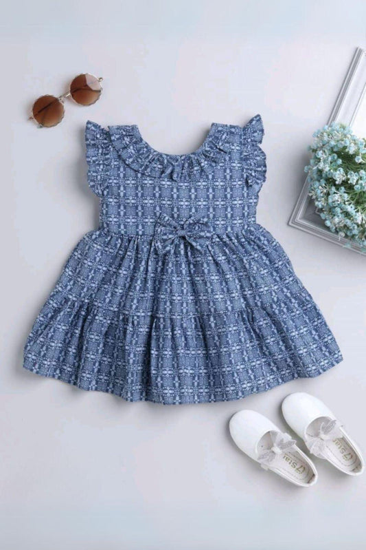 Cute Blue Printed Frock With Bow Embellishment For Girls - Lagorii Kids