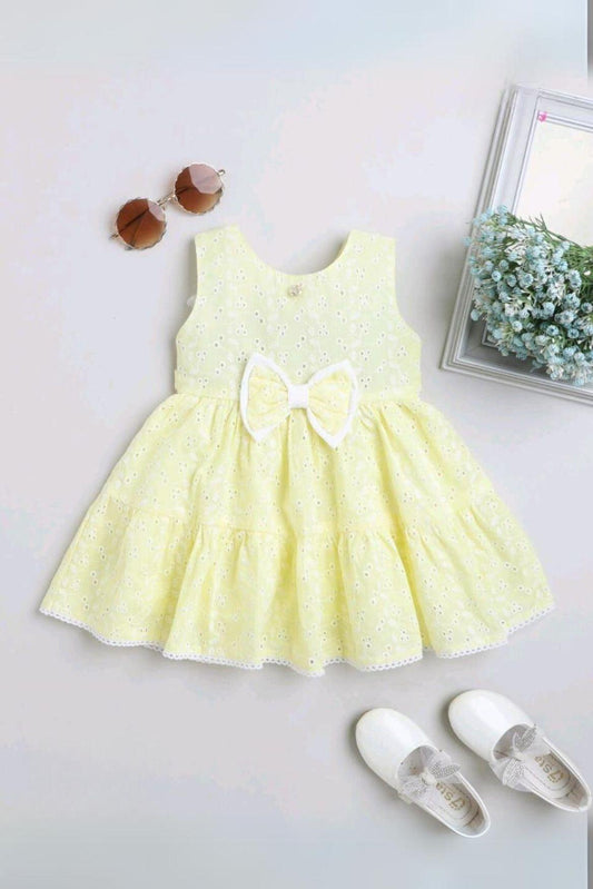 Cute Lemon Yellow Frock With Bow Embellishment For Girls - Lagorii Kids
