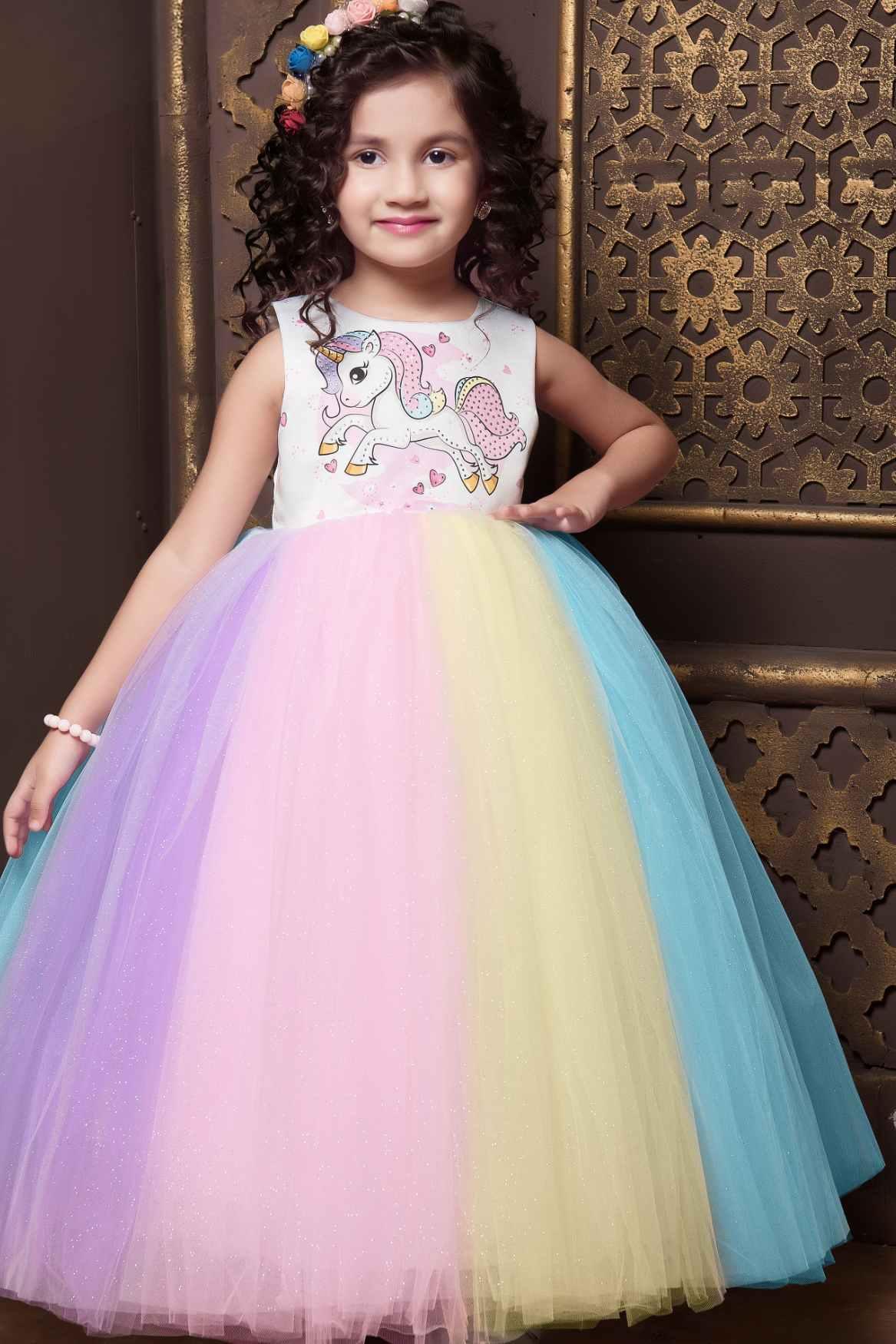 Cute Multicolor Unicorn Net Gown For Girls - Lagorii Kids