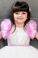 Cute White Tutu Frock With Pink Flower Embellishments And Ruffled Sleeves - Lagorii Kids
