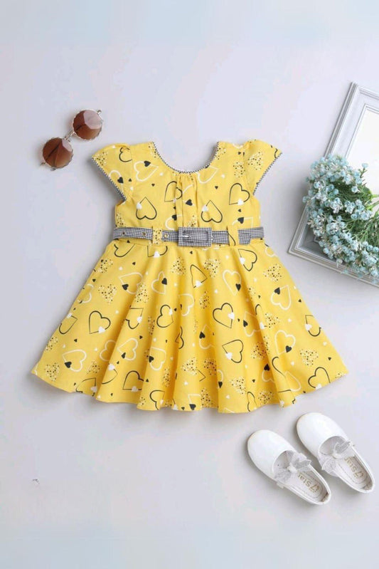 Cute Yellow Printed Frock With Heart For Girls - Lagorii Kids