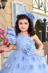 Designer Blue Net Gown With Floral Embellishment For Girls - Lagorii Kids