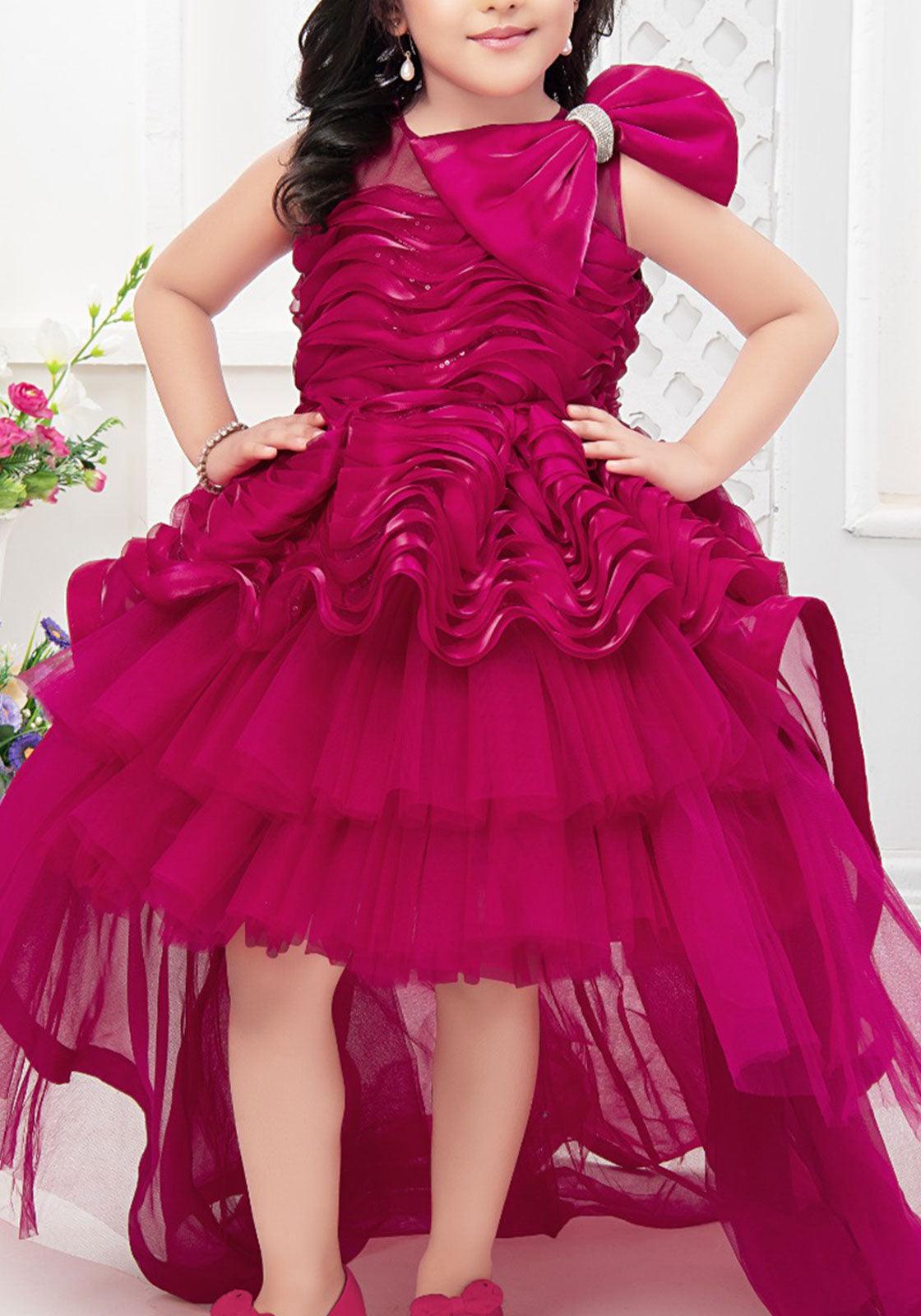 Designer Crimson Pink Tail Back frock for girls - Lagorii Kids