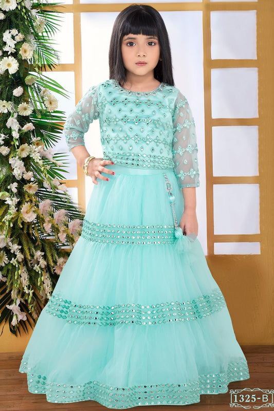 KIDS POWDER BLUE LEHENGA SET WITH ALL OVER MULTI COLOURED SEQUIN HAND  EMBROIDERY PAIRED WITH A MATCHING DUPATTA AND SILVER TASSELS. - Seasons  India