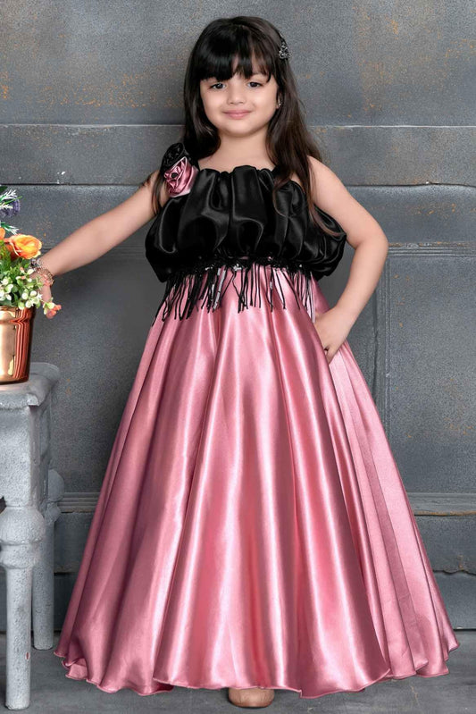 Designer Fringed Black And Pink Party Gown With Flower Embellishment For Girls - Lagorii Kids