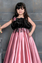 Designer Fringed Black And Pink Party Gown With Flower Embellishment For Girls - Lagorii Kids