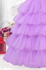 Designer Lavender Sequin Multilayered Net Party Gown With Ruffled Sleeves For Girls - Lagorii Kids