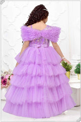 Designer Lavender Sequin Multilayered Net Party Gown With Ruffled Sleeves For Girls - Lagorii Kids