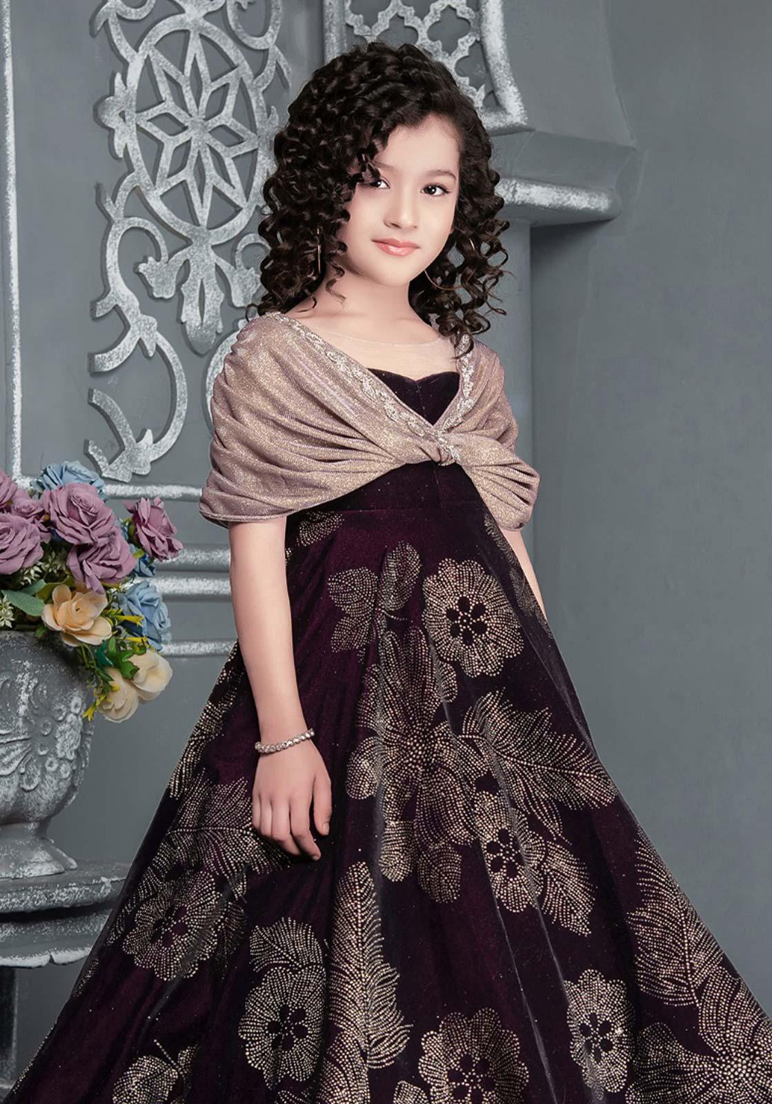 Designer Magenta Velvet Butterfly Sleeve Gown with Exquisite Handwork for Girls - Lagorii Kids