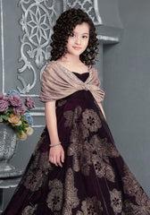 Designer Magenta Velvet Butterfly Sleeve Gown with Exquisite Handwork for Girls - Lagorii Kids