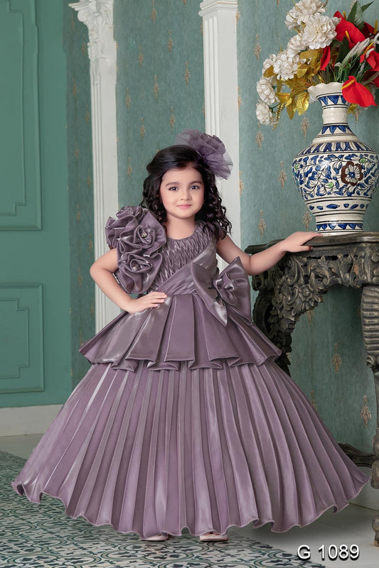 Designer Peach Satin Full Length Layered Gown With Embellished Flower For  Girls – Lagorii Kids