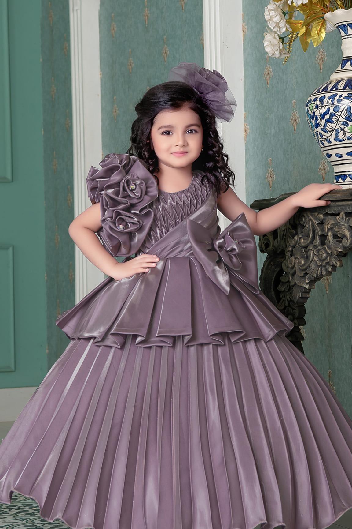 Designer Mauve Satin Full Length Layered Gown With Embellished Flowers For Girls - Lagorii Kids