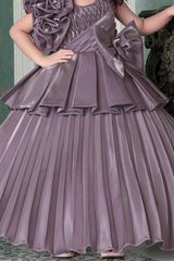 Designer Mauve Satin Full Length Layered Gown With Embellished Flowers For Girls - Lagorii Kids