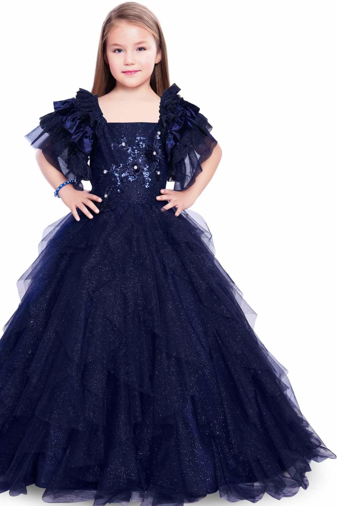 Designer Multilayer Blue Gown With Floral Embroidery For Girls - Lagorii Kids