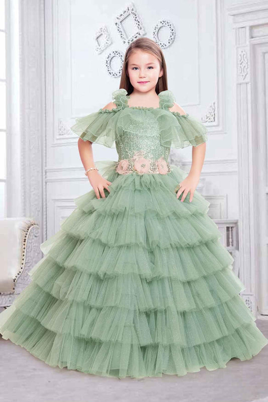 Designer Multilayer Green Gown With Floral Embellishments For Girls - Lagorii Kids