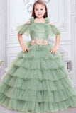 Designer Multilayer Green Gown With Floral Embellishments For Girls - Lagorii Kids