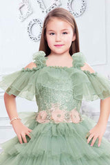 Designer Multilayer Green Gown With Floral Embellishments For Girls - Lagorii Kids