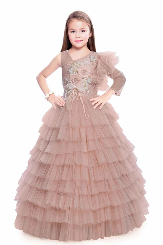 Designer Multilayer Light Peach Gown For Girls - Lagorii Kids