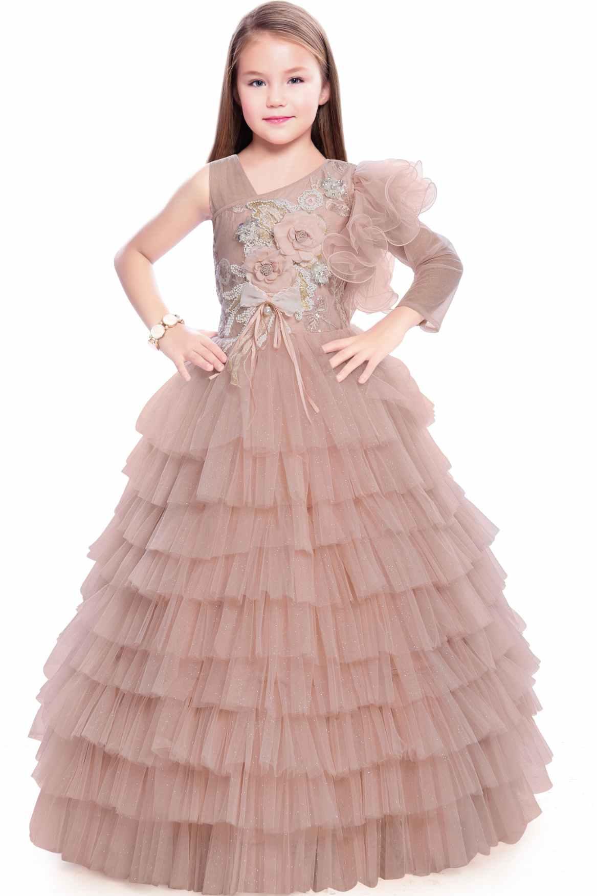 Designer Multilayer Light Peach Gown For Girls - Lagorii Kids