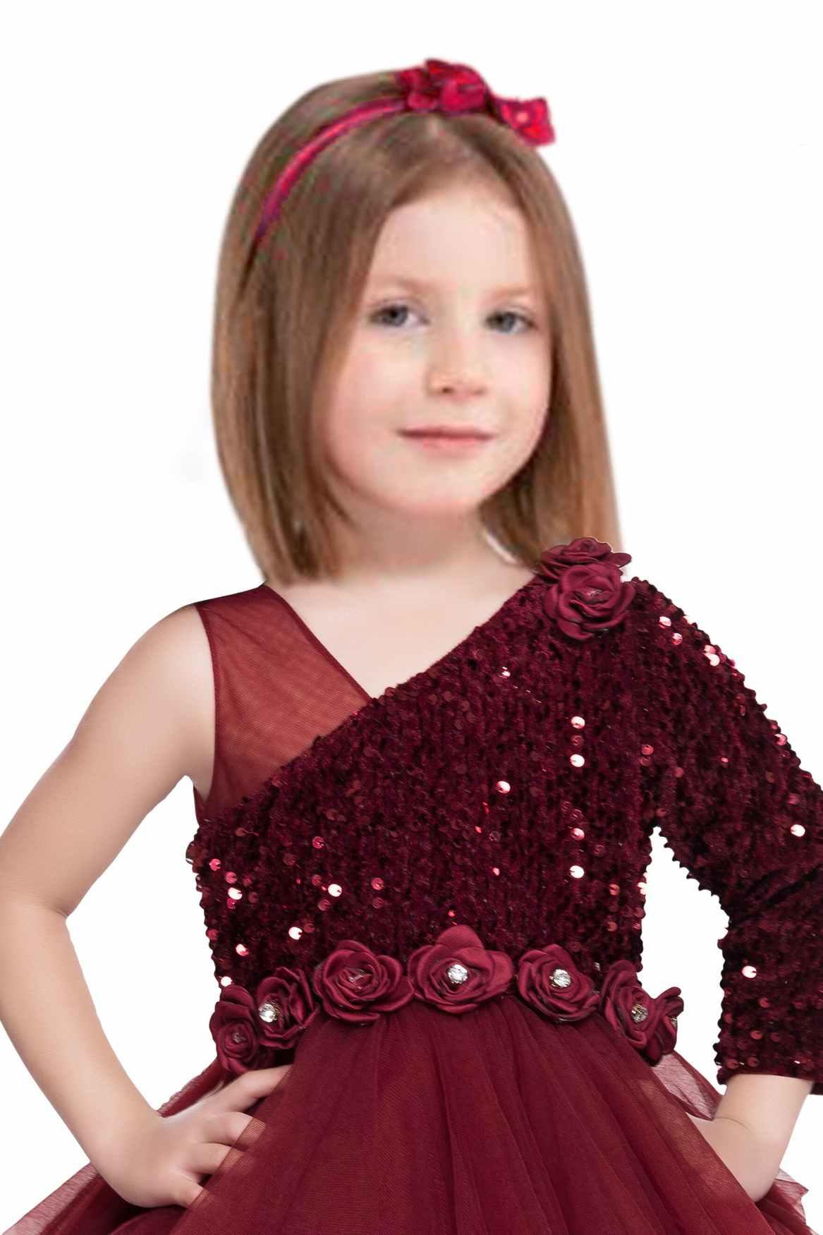 Designer Multilayer Maroon Gown With Floral Embellishments For Girls - Lagorii Kids
