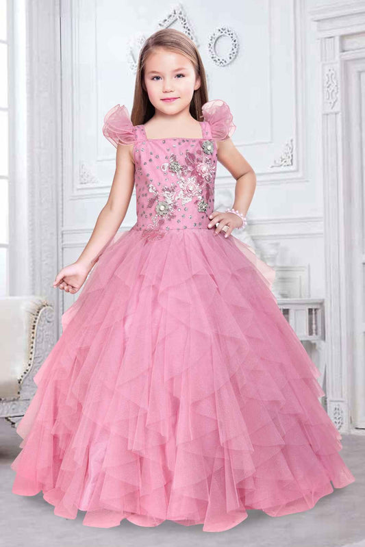 Designer Multilayer Pink Gown With Floral Embroidery For Girls - Lagorii Kids