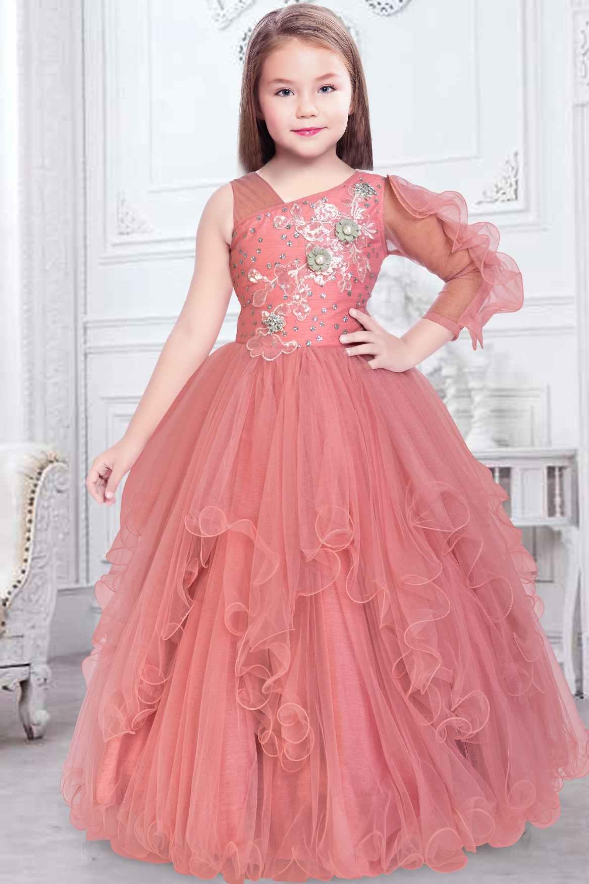 Designer One Side Ruffled Sleeve Peach Gown With Floral Embroidery For Girls - Lagorii Kids