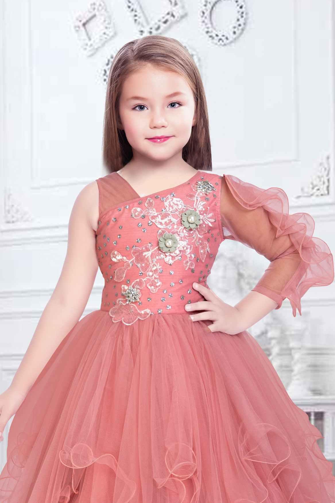 Designer One Side Ruffled Sleeve Peach Gown With Floral Embroidery For Girls - Lagorii Kids