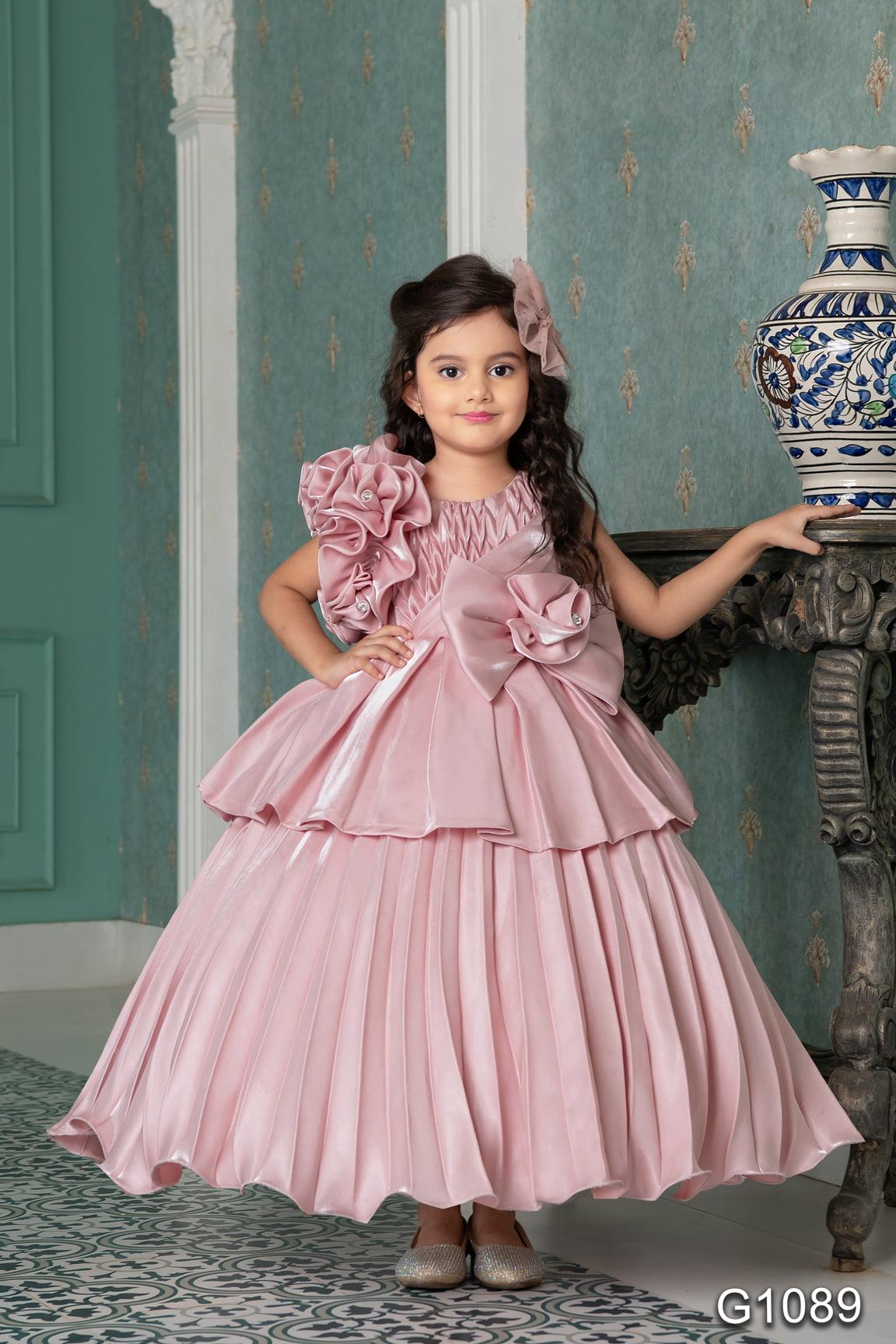 Designer Peach Satin Full Length Layered Gown With Embellished Flower For Girls - Lagorii Kids