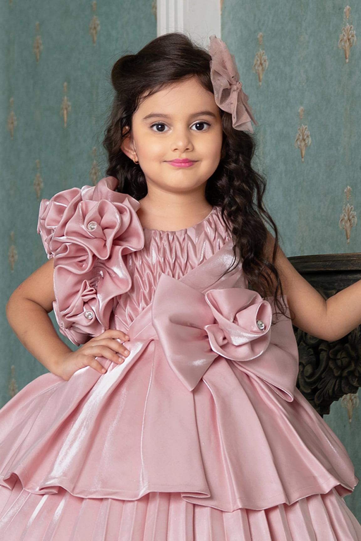 Designer Peach Satin Full Length Layered Gown With Embellished Flower For Girls - Lagorii Kids