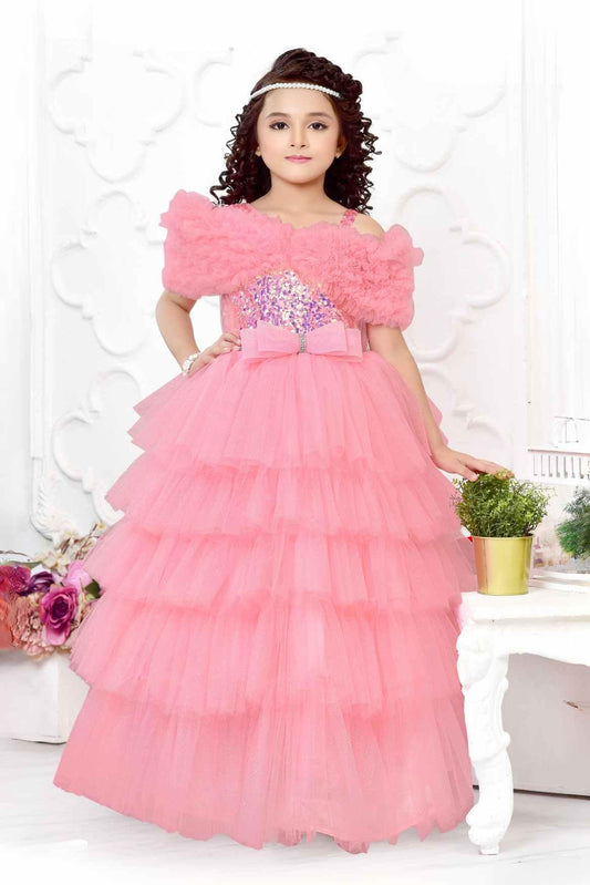 Designer Peach Sequin Multilayered Net Party Gown With Ruffled Sleeves For Girls - Lagorii Kids