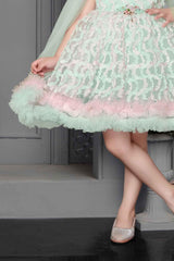 Designer Pista Green And Pink Ruffle Frock For Girls - Lagorii Kids
