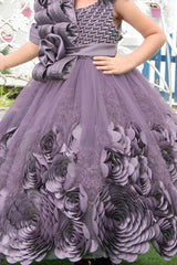 Designer Purple Satin Full Length Gown With Embellished Flowers For Girls - Lagorii Kids