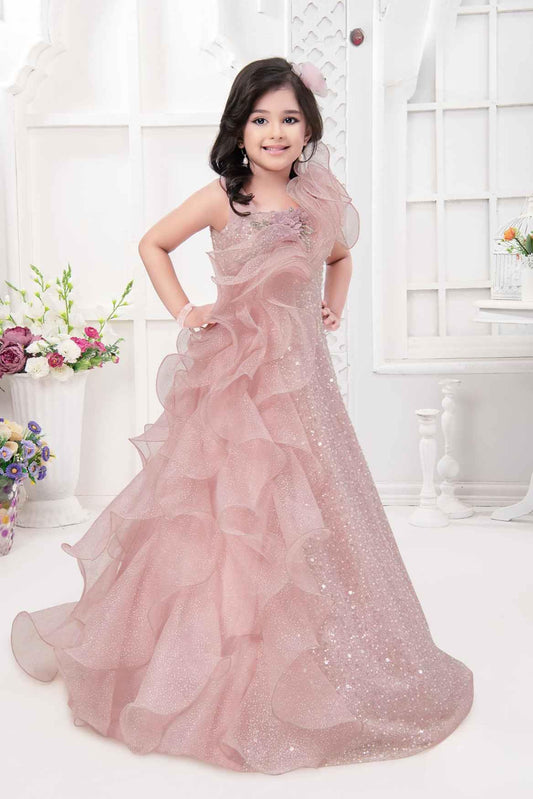 Designer Sequin Peach Gown With Ruffles For Girls - Lagorii Kids