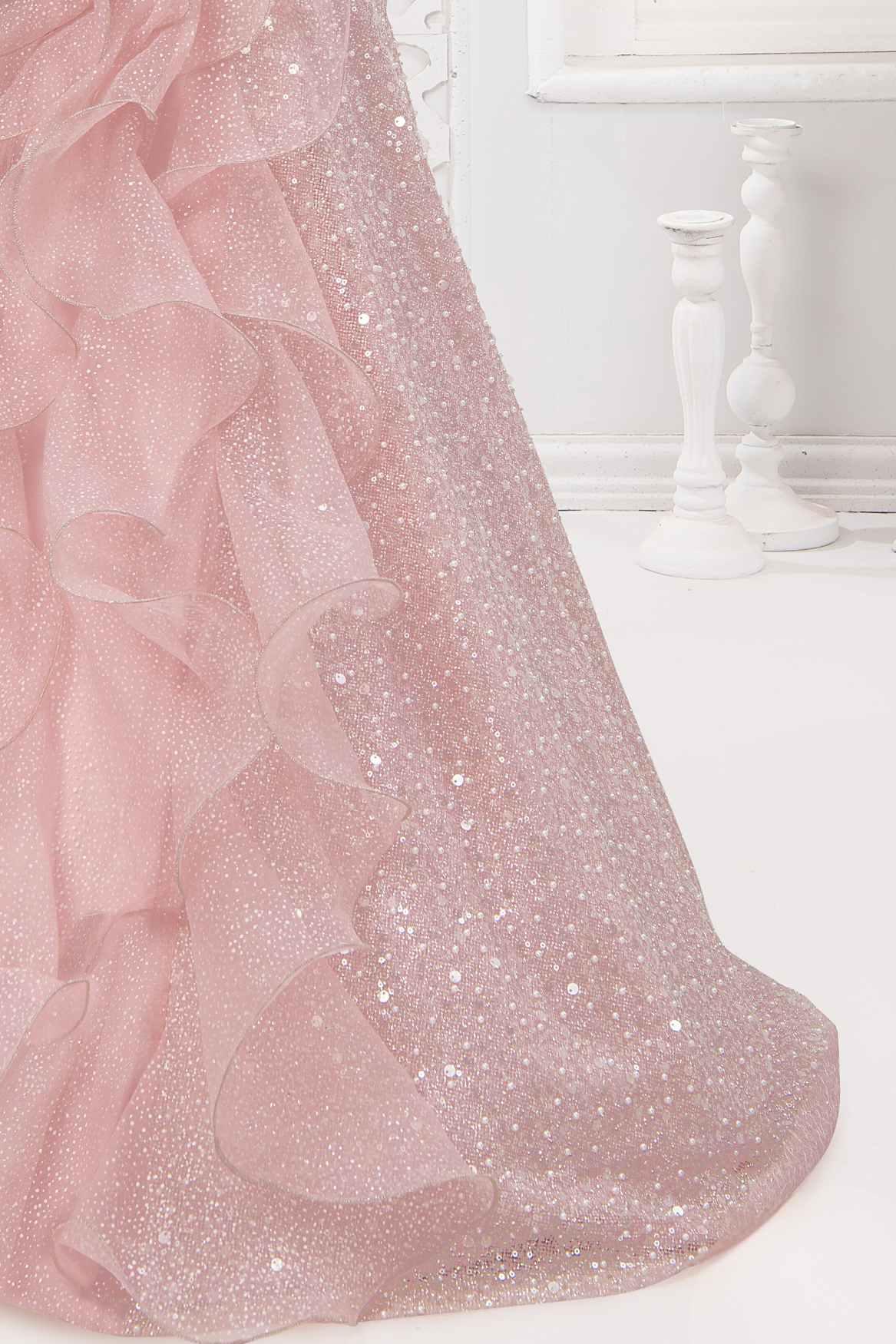 Designer Sequin Peach Gown With Ruffles For Girls - Lagorii Kids