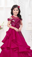 Designer Sequin Rani Pink Multilayer Party Gown For Girls - Lagorii Kids