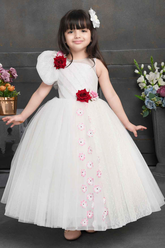 Designer White Gown With Floral Embellishments For Girls - Lagorii Kids