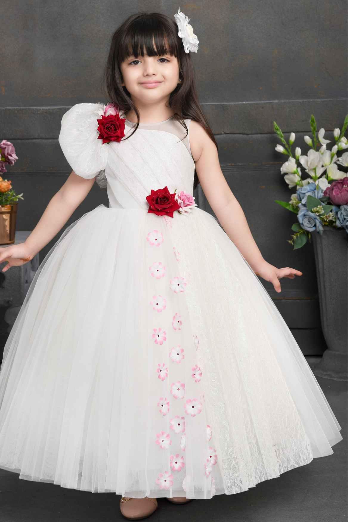 Designer White Gown With Floral Embellishments For Girls - Lagorii Kids