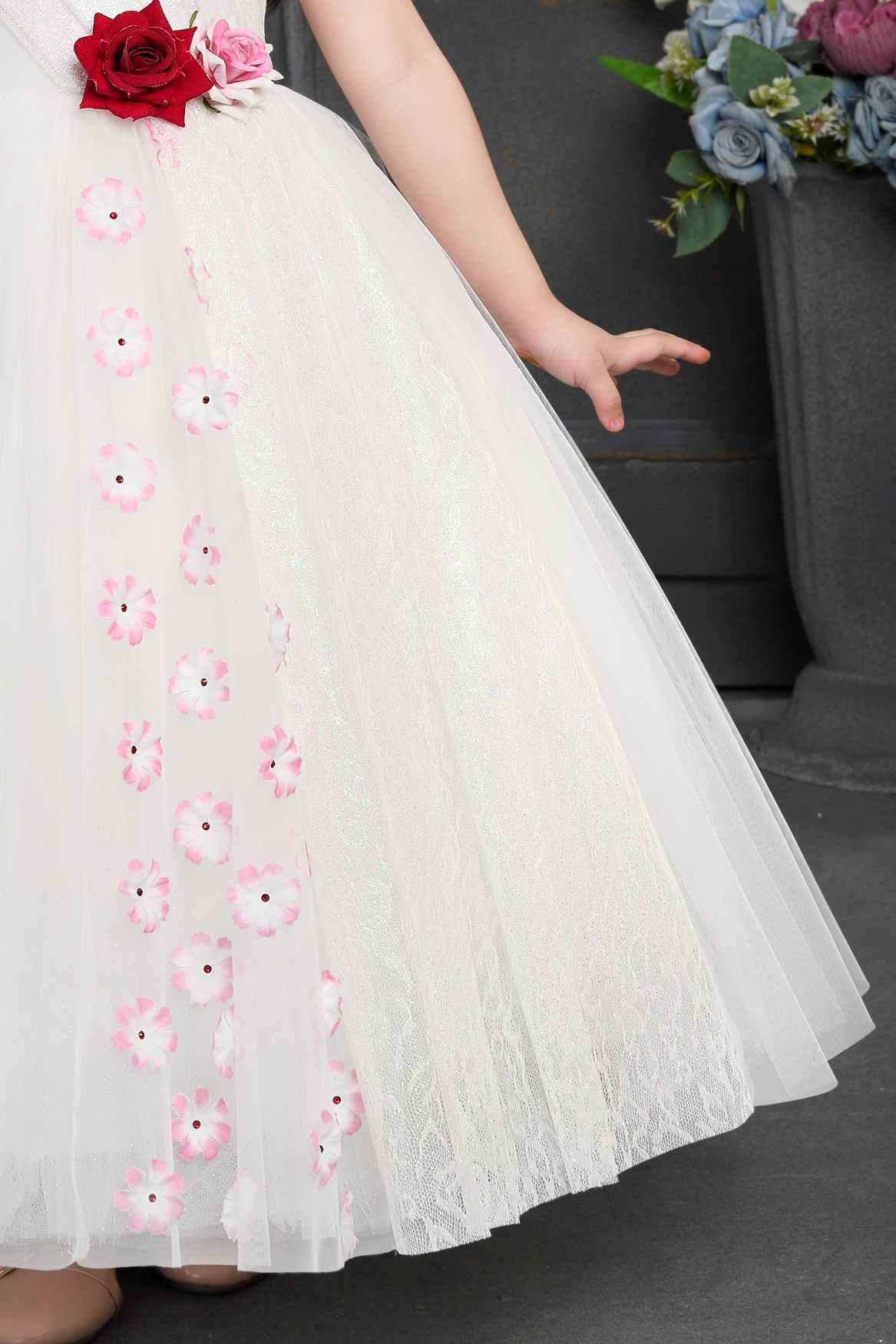 Designer White Gown With Floral Embellishments For Girls - Lagorii Kids