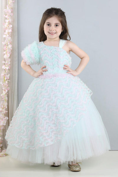 Baby pink princess gown with frilled neckline and floral embellishments –  Lagorii Kids