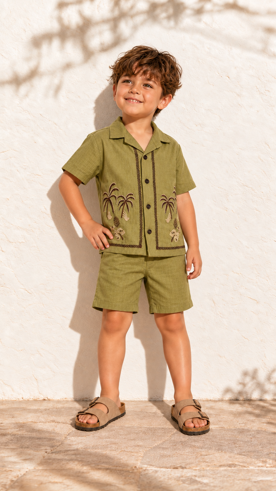 Boys Olive Green Tropical Embroidered Shorts Set with Collared Shirt