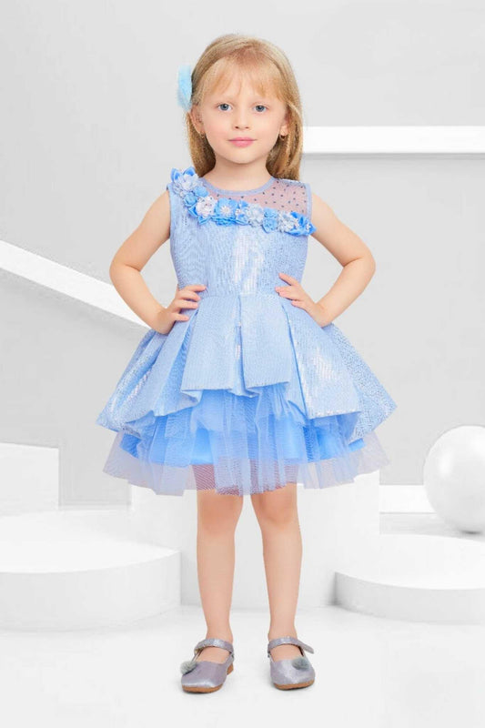 Elegant Blue Multilayer Frock With Floral Embellishments For Girls - Lagorii Kids