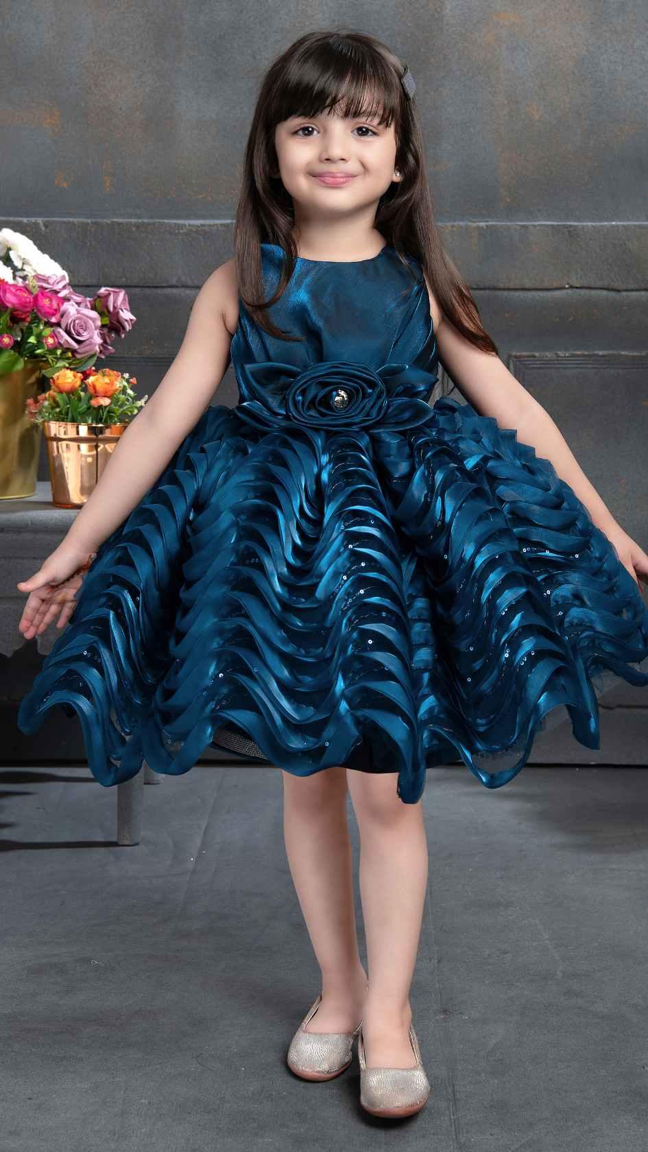 Elegant Blue Satin Multi-layered Party Frock With Floral Embellishment For Girls - Lagorii Kids