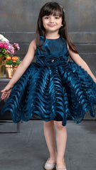 Elegant Blue Satin Multi-layered Party Frock With Floral Embellishment For Girls - Lagorii Kids