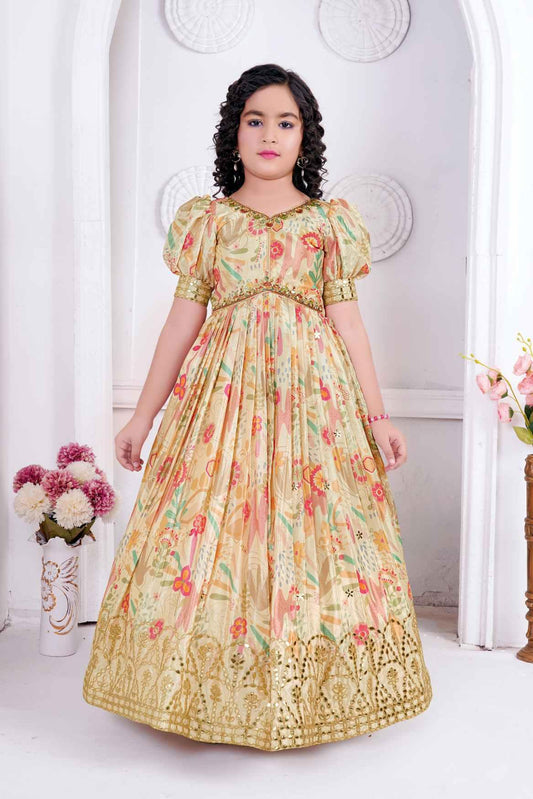 Elegant Cream Floral Printed Gown With Mirror Work For Girls - Lagorii Kids