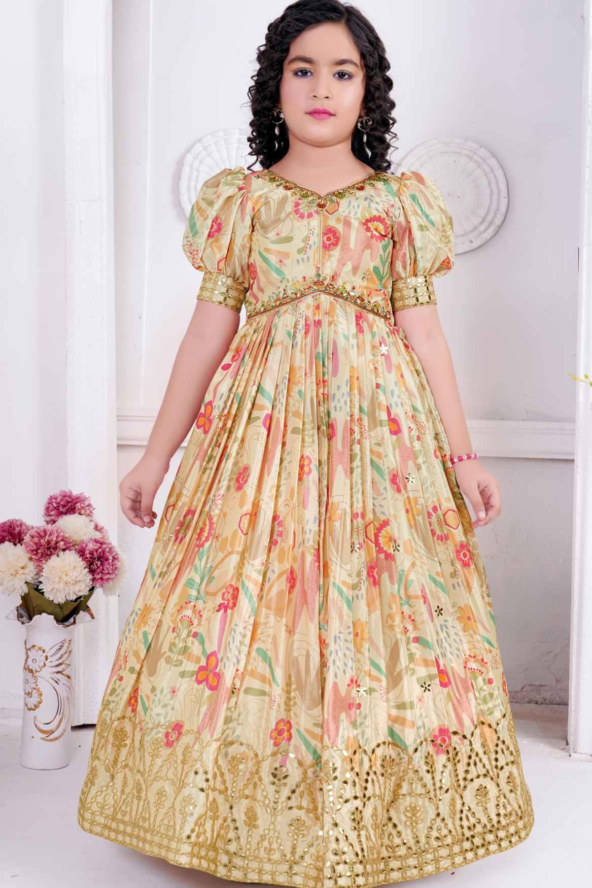 Elegant Cream Floral Printed Gown With Mirror Work For Girls - 0-1(16) Elegant Cream Floral Printed Gown With Mirror Work For Girls - 0-1(16)