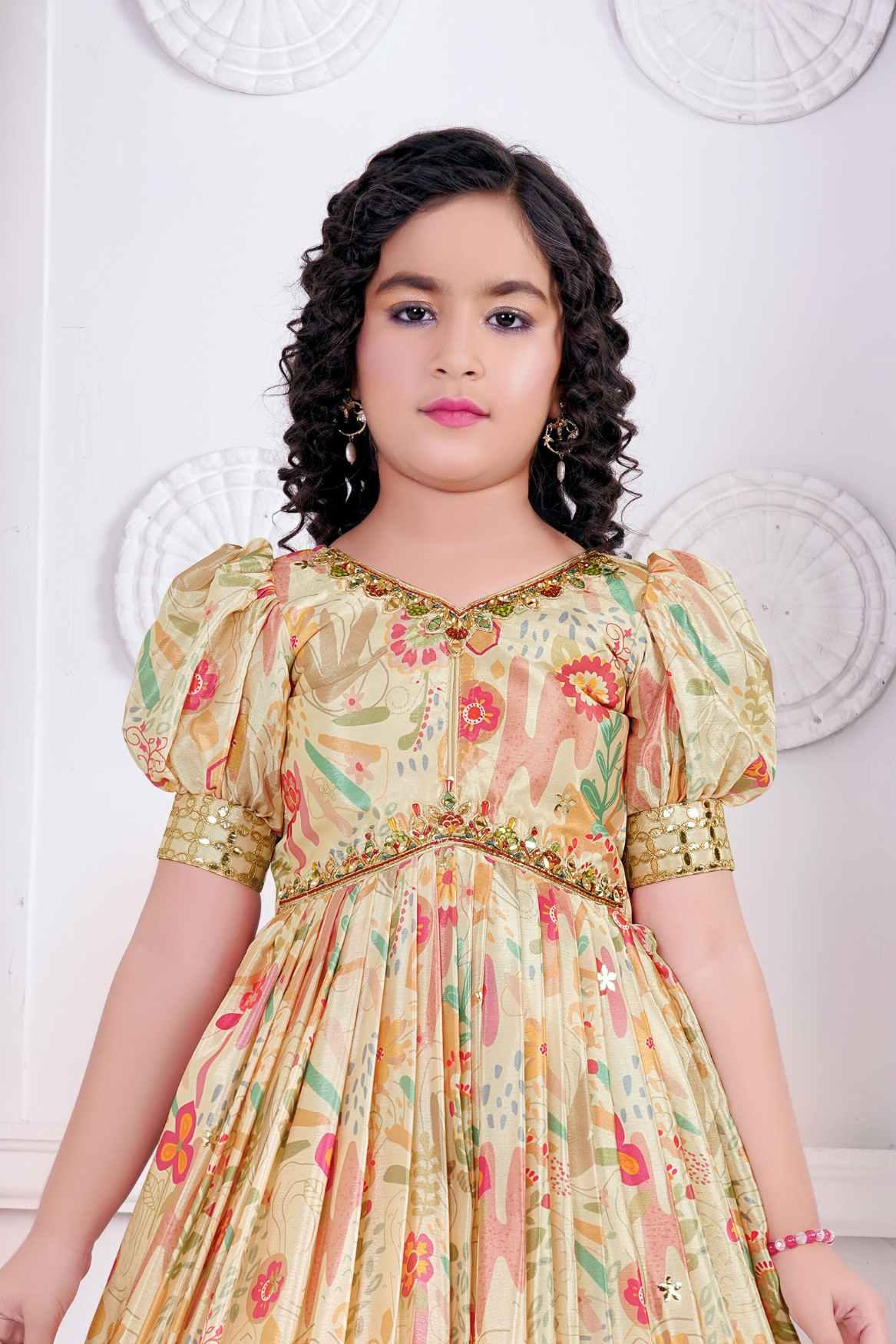 Elegant Cream Floral Printed Gown With Mirror Work For Girls - Lagorii Kids