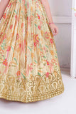 Elegant Cream Floral Printed Gown With Mirror Work For Girls - Lagorii Kids