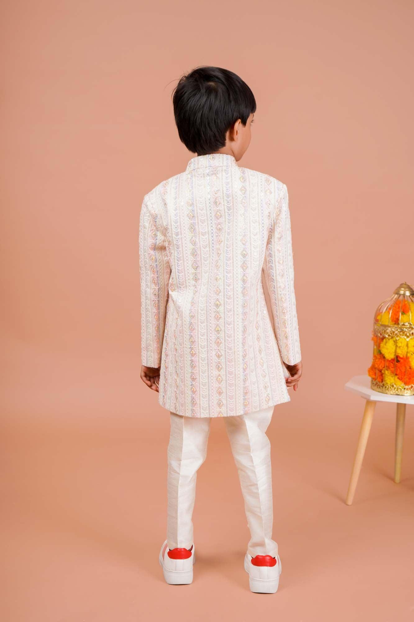 Elegant Cream Boys' Sherwani with Exquisite Thread Work: Timeless Sophistication for Special Occasions" - Lagorii Kids