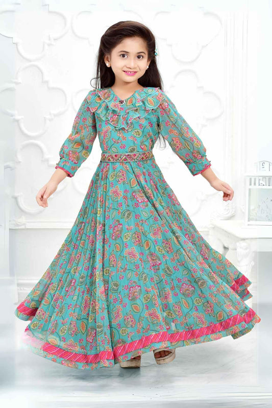 Elegant Green Floral Printed Gown For Girls - Lagorii Kids