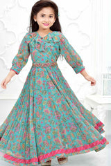 Elegant Green Floral Printed Gown For Girls - Lagorii Kids